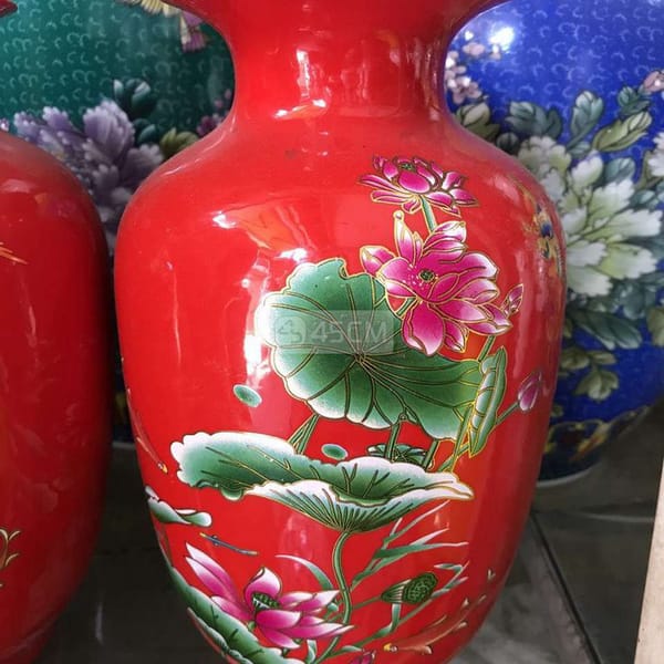 Bán cặp bình gốm sứ hoa sen nền đỏ đẹp - Đồ sưu tầm 2