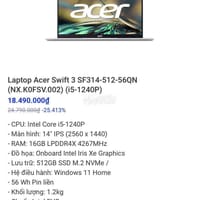 Laptop acer Swift 3 SF314-512 mới mua cuối tháng 3 - Swift
