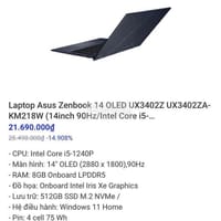 Laptop Asus Zenbook 14 OLED 8GB 512GB - còn BH - A series