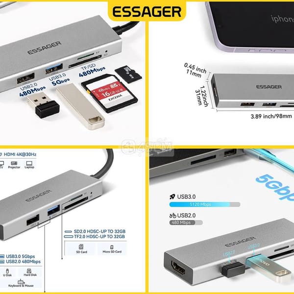 Bộ Chia Cổng USB Type-C 5 in 1 Essager ES-TC05 Xám - Khác 4